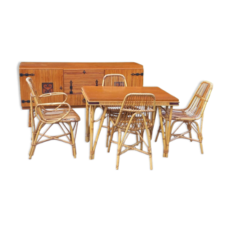 Vintage dining room attributed to Audoux and Minet in bamboo and rattan