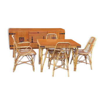 Vintage dining room attributed to Audoux and Minet in bamboo and rattan
