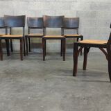 Suite of 6 chairs brutalist style straw and solid oak