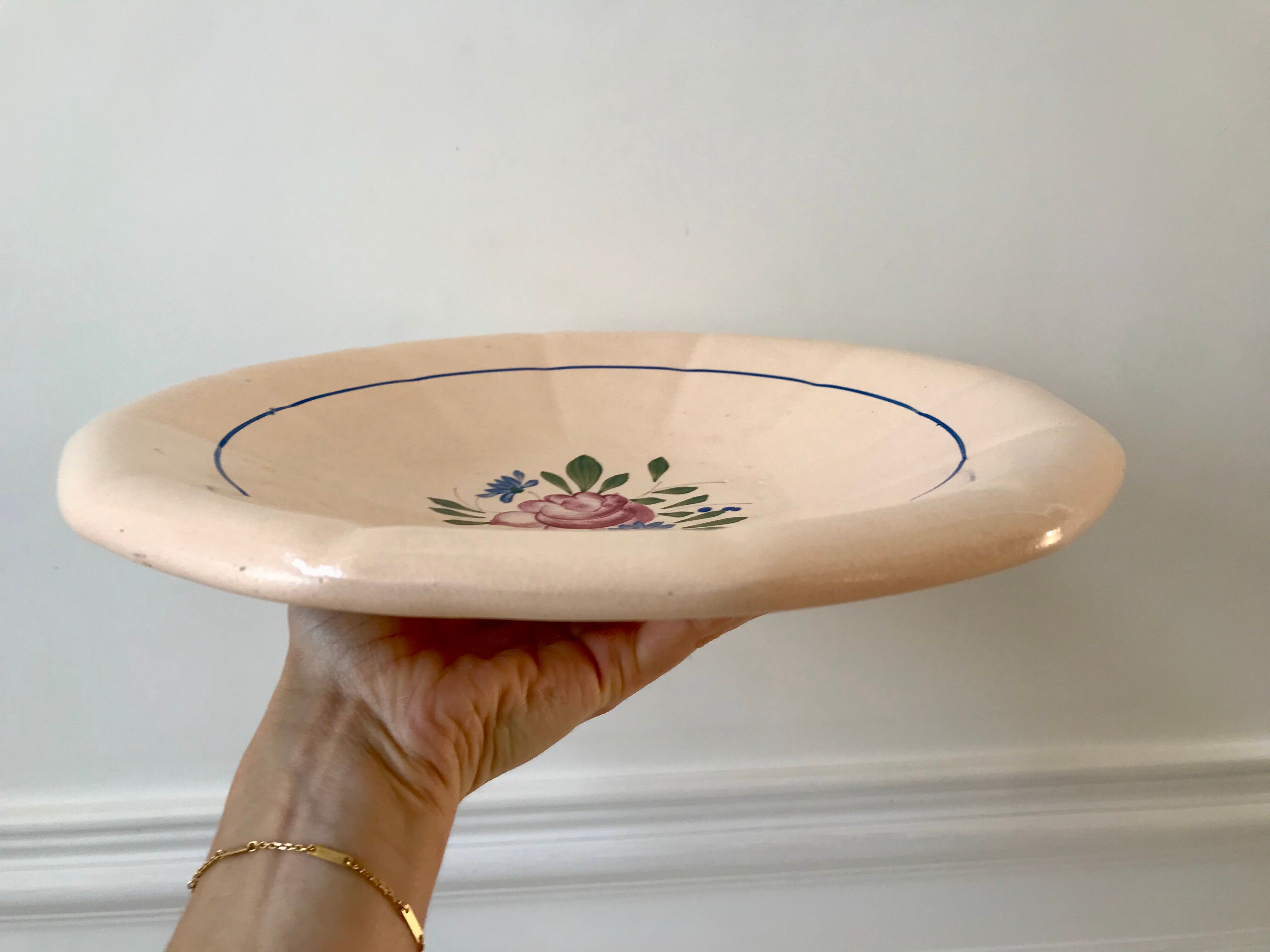 hollow dish Digoin Sarreguemines beige with pink and blue flowers 40s