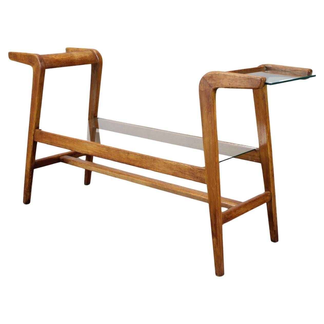 ULUV Mid-century wooden plant stand with glass shelf, Czechoslovakia, 1960s