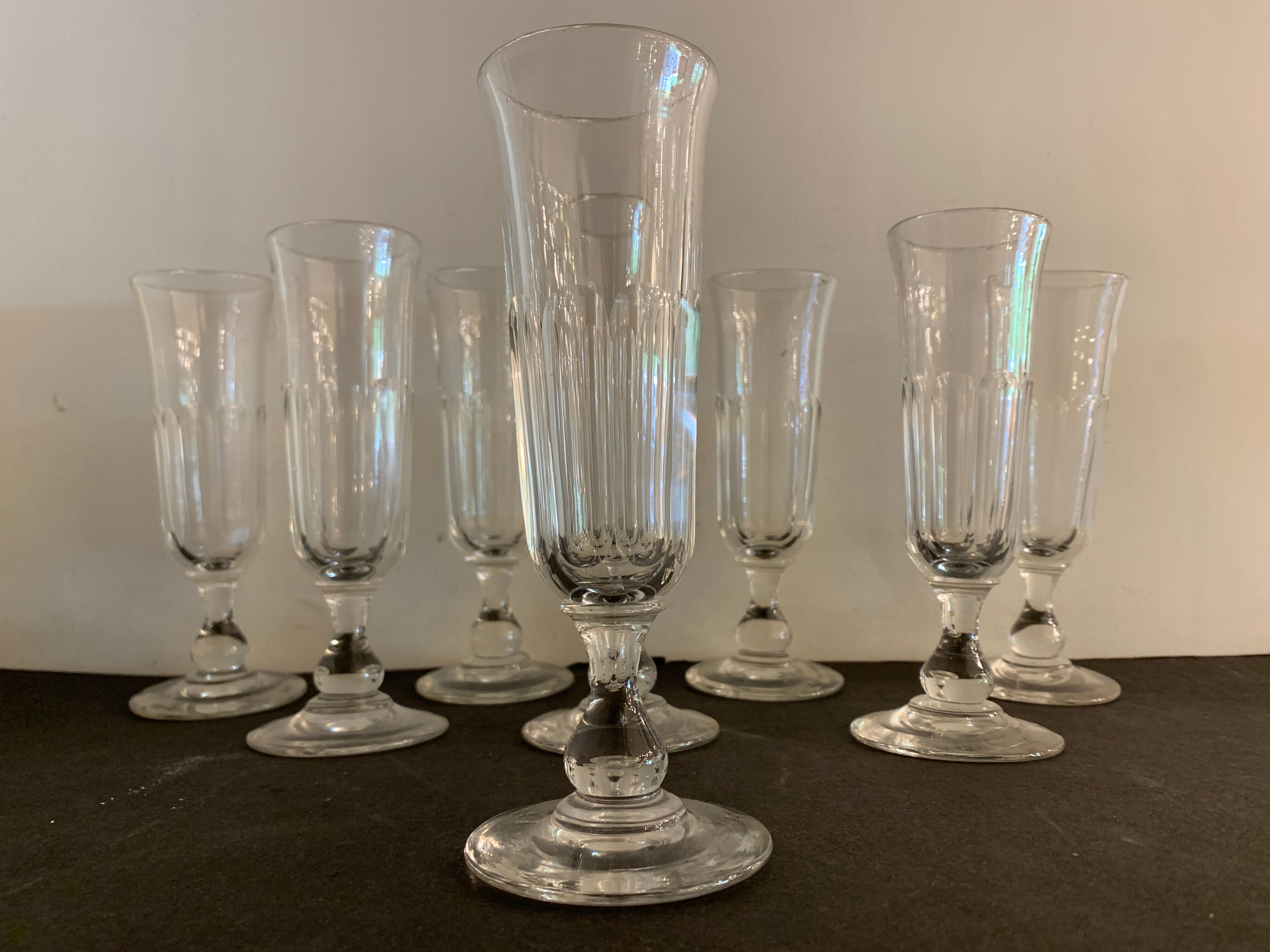8 antique glass champagne flutes