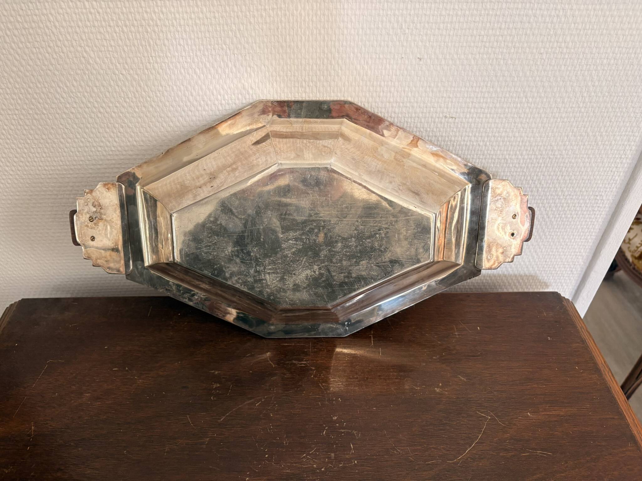 Plateau Flat Basket Bread Fruit Vegetable Art Deco Silver Metal