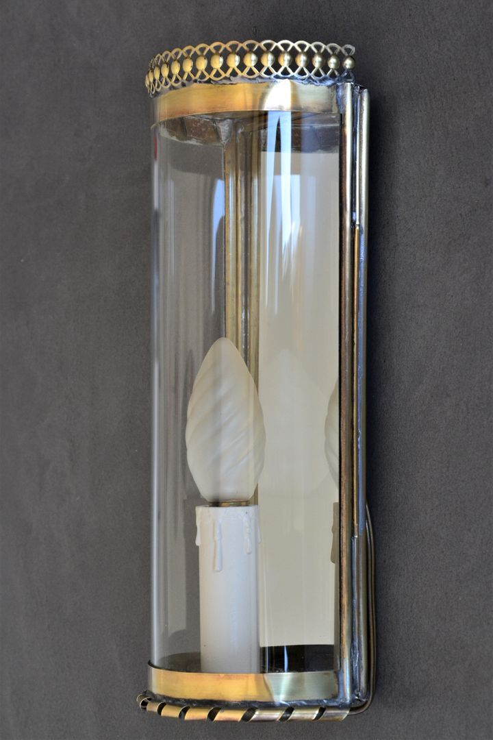 vintage mirror wall lamp, domed glass and golden brass