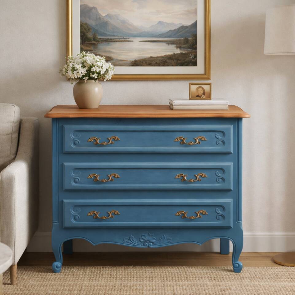 Commode ancienne rénovée bleu – plateau bois – 3 tiroirs