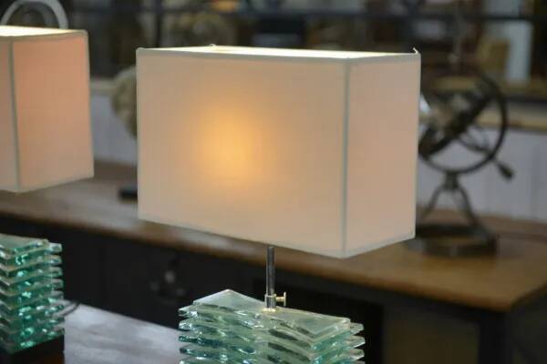 Pair of brutalist lamps in raw glass and beige shades, 1960s