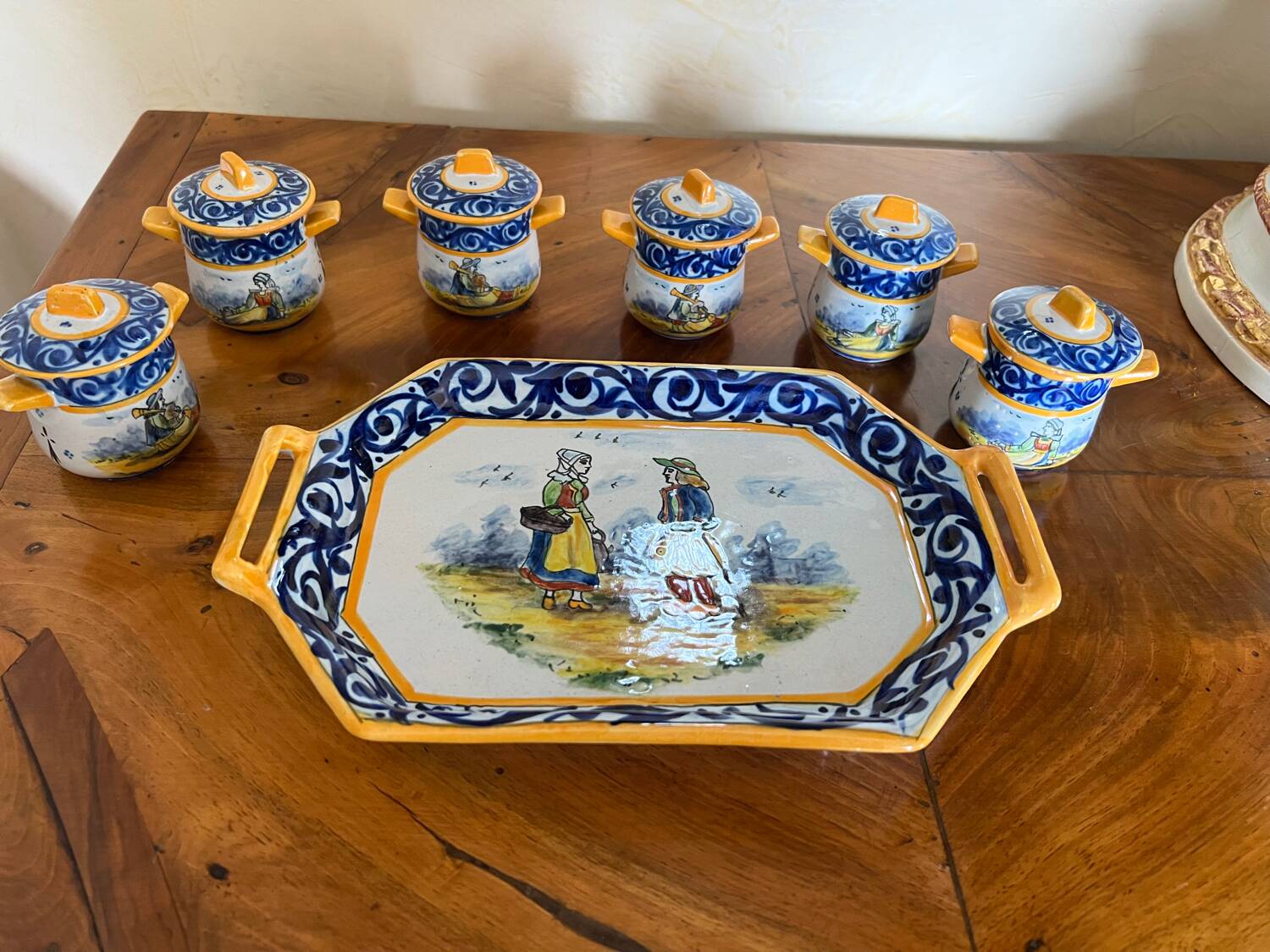 Set of tray and six cream pots HB Quimper