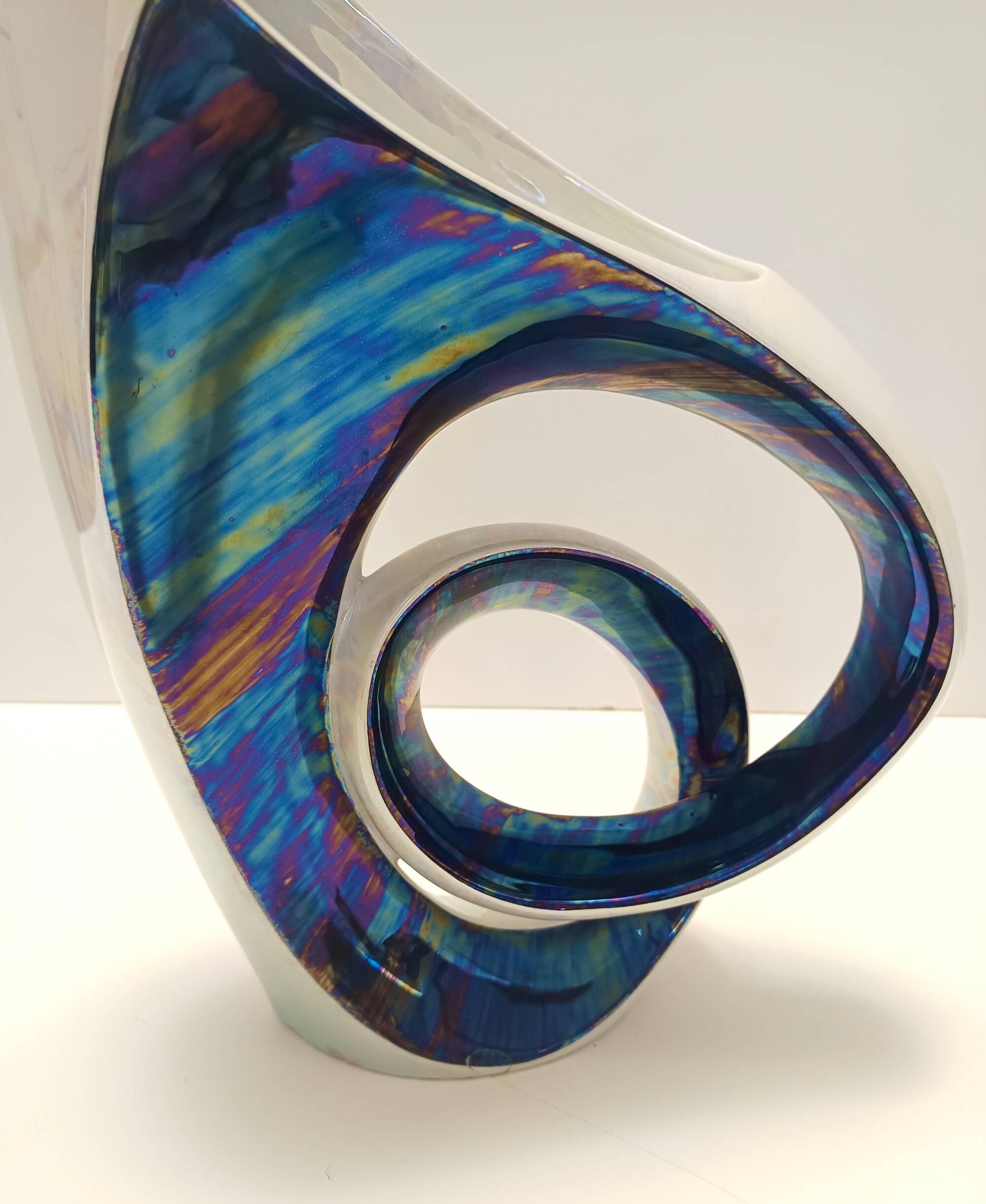 White and Iridescent Blue Ceramic Vase / Centerpiece by Lusso, Italy
