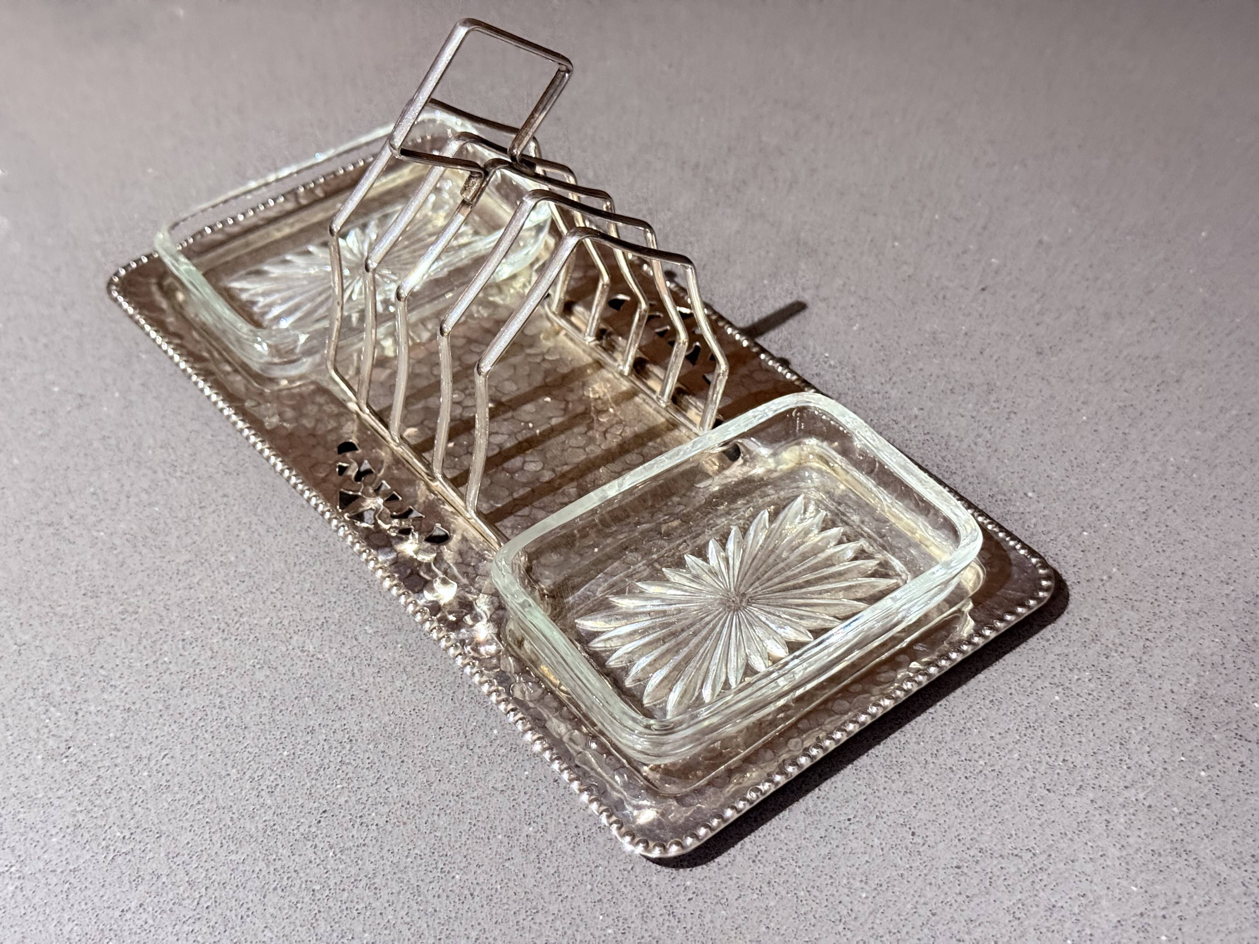 Art Deco Silver Plated Toast Rack, Matching Hammered Tray Crystal Butter Dishes