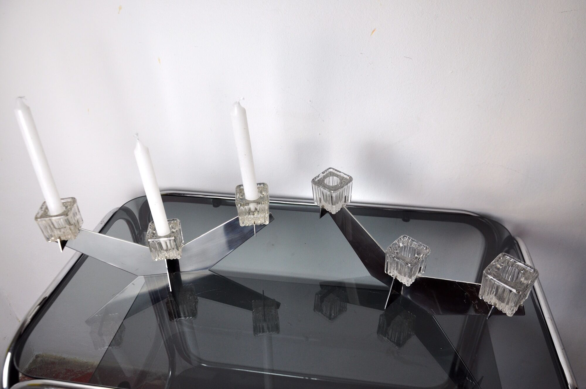 Pair of Peill & Putzler candlesticks, glass and metal, Germany, 1970