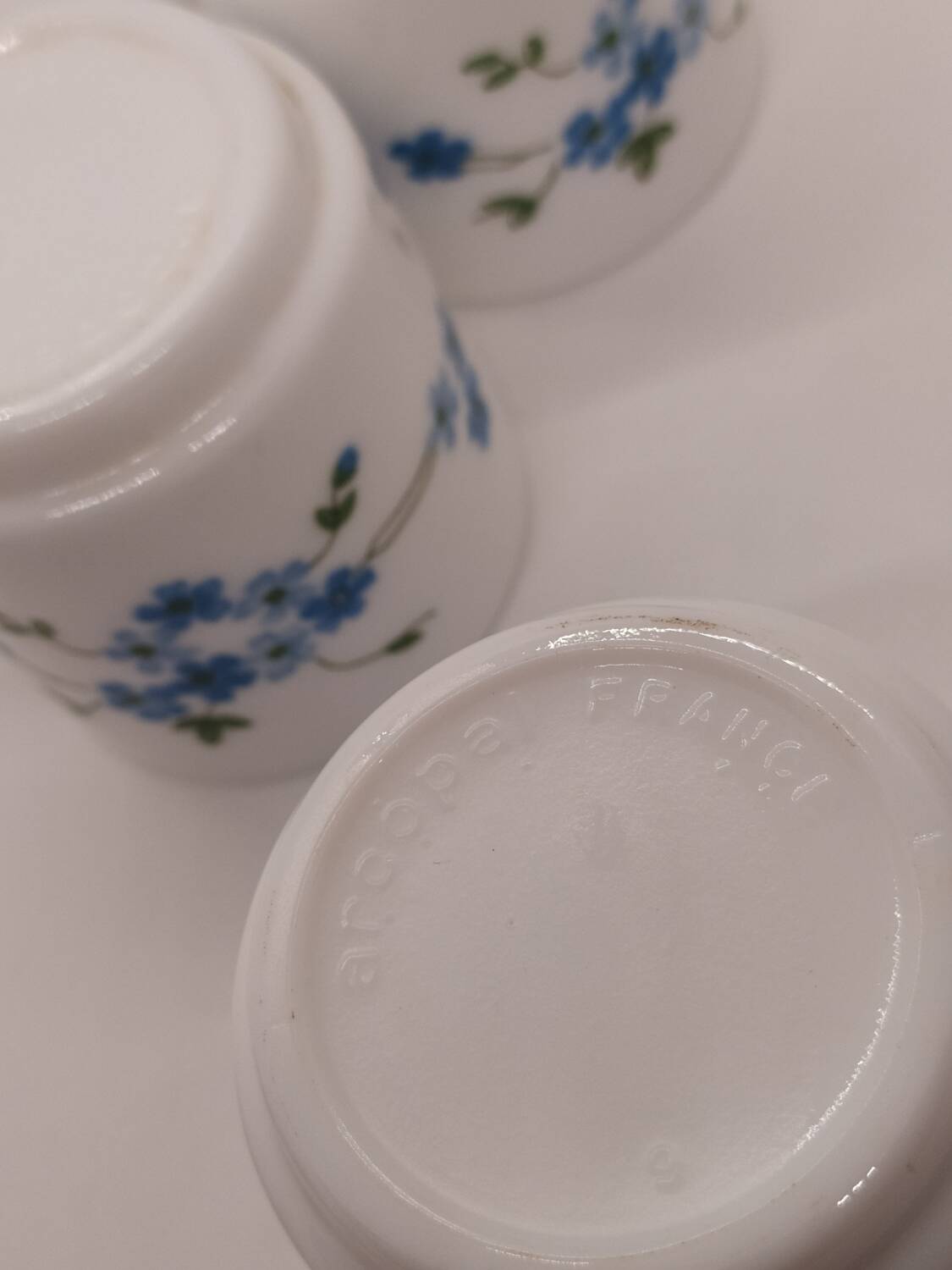 Vintage Arcopal forget-me-not coffee cups