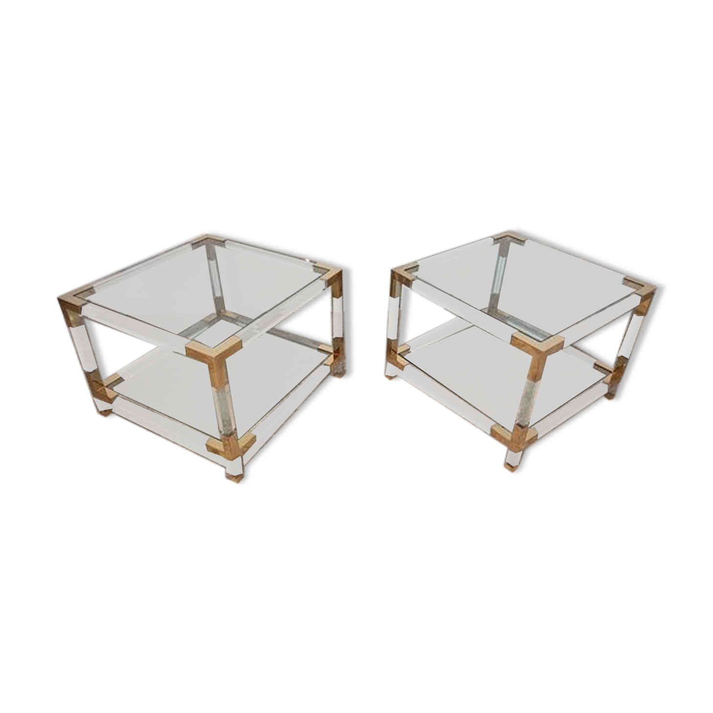 Set of 2 coffee tables in acrylic glass and brass, 1970s