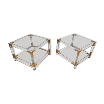 Set de 2 tables basses en verre acrylique et laiton, années 1970