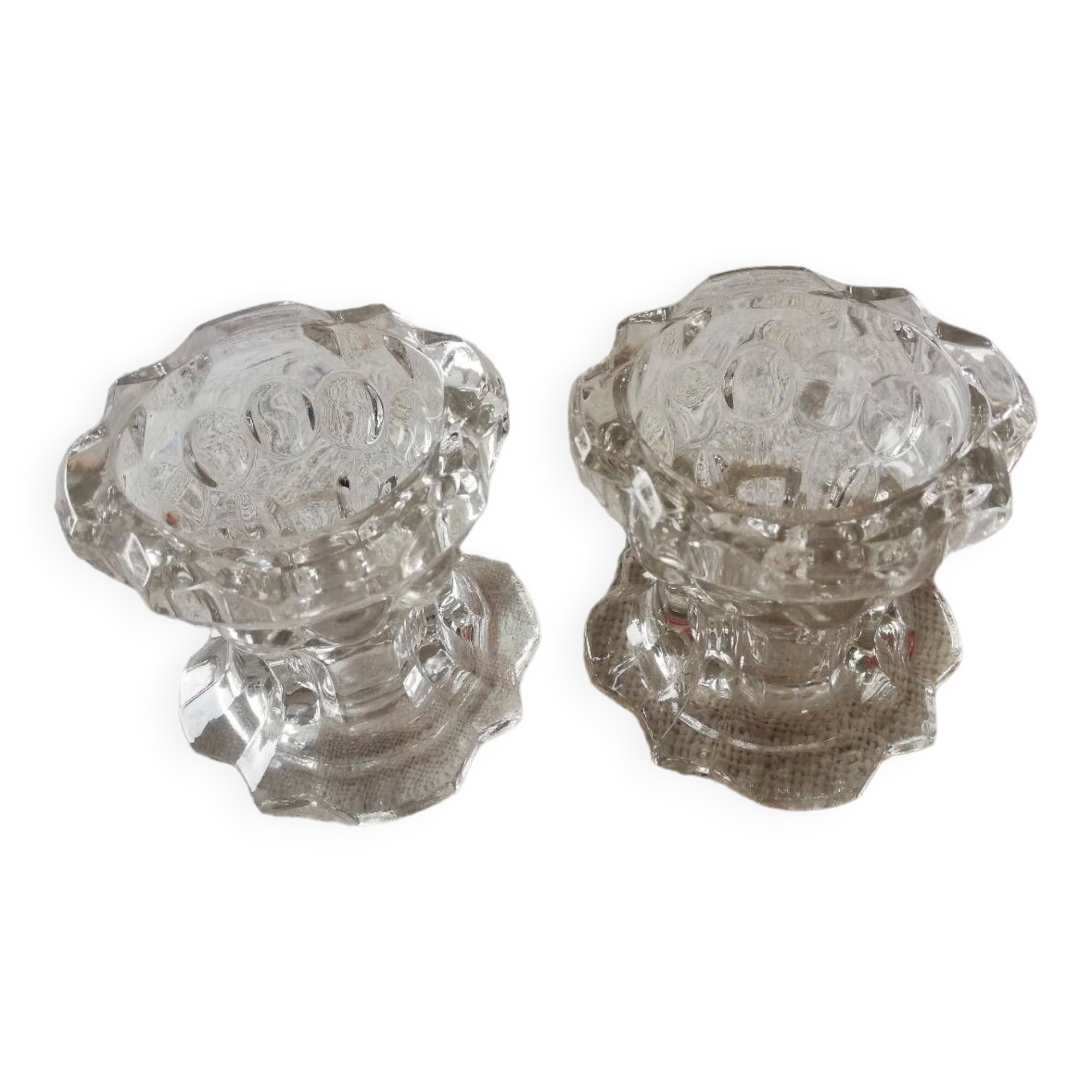 Set of two vintage glass candlesticks, transparent, France, Reims.