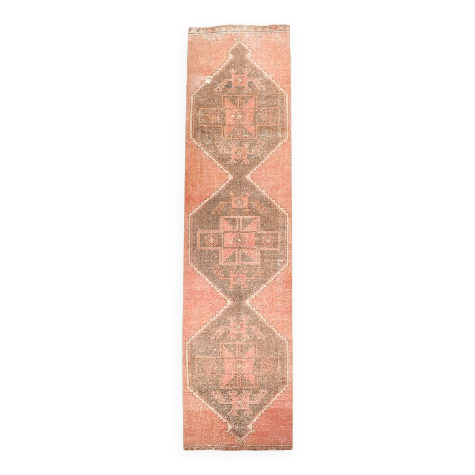 Turkish Salmon Brown Vintage Runner Rug, 91x362Cm