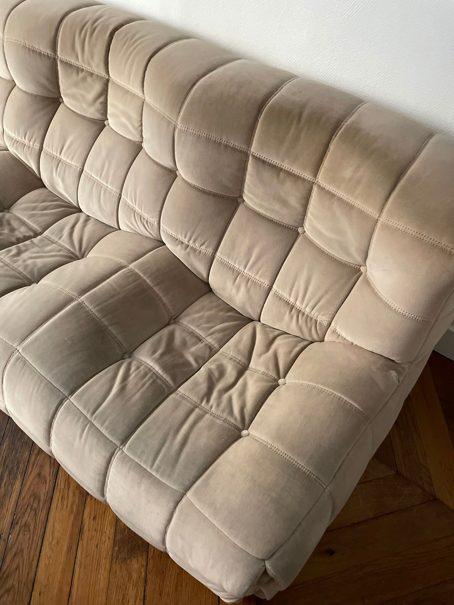 Sofa 3 places Kashima Line Roset velvet beige 70s