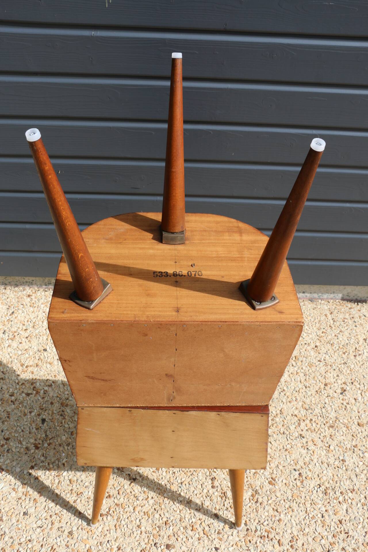 Pair of oak veneered tripod bedside tables 1950