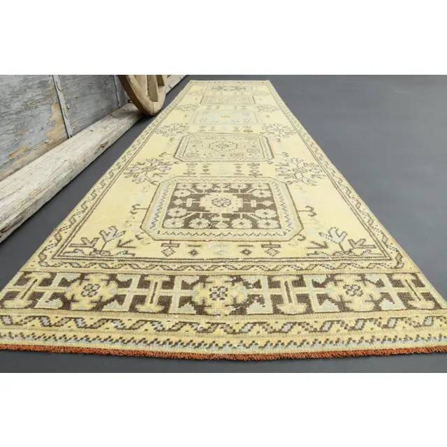 1970s Turkish Oushak Handmade Wool Cotton Yellow Runner 86x335
