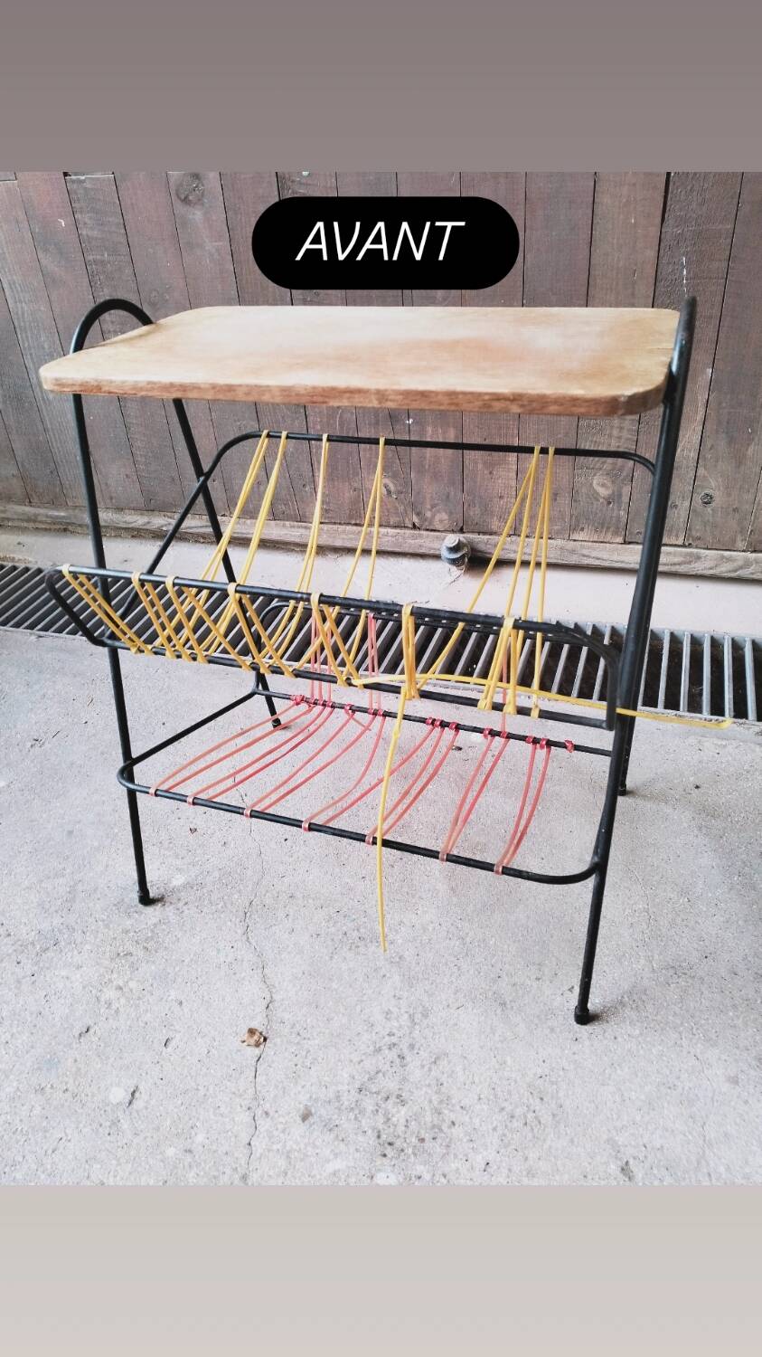 Side table, metal and wood magazine rack