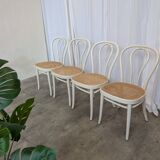 Set of 4 Vintage Thonet Style Dining Chairs: White Wood & Cane Seat