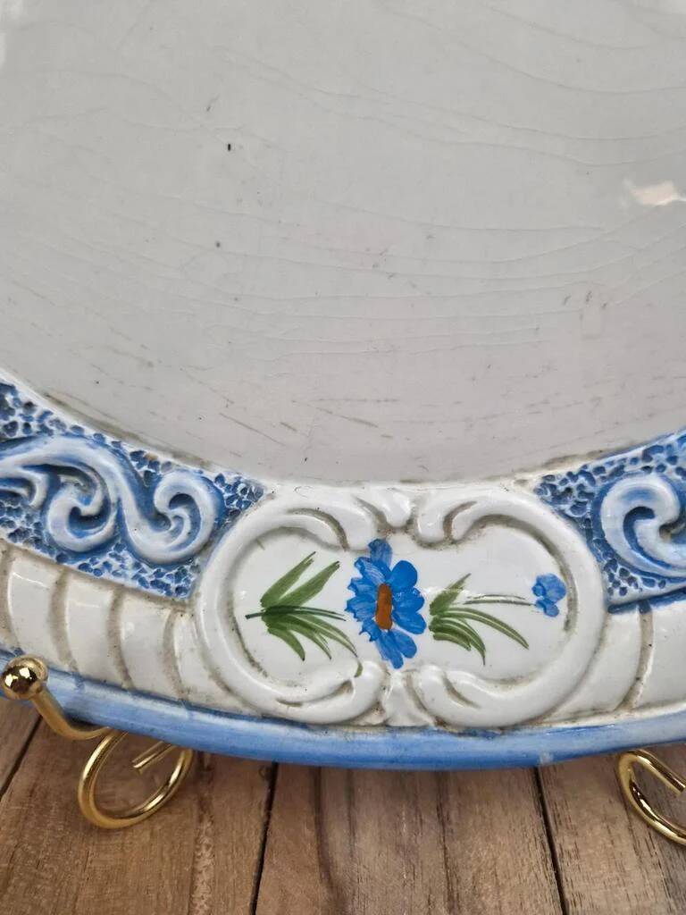 Plat ovale vintage Bassano décor bleu fleuri relief