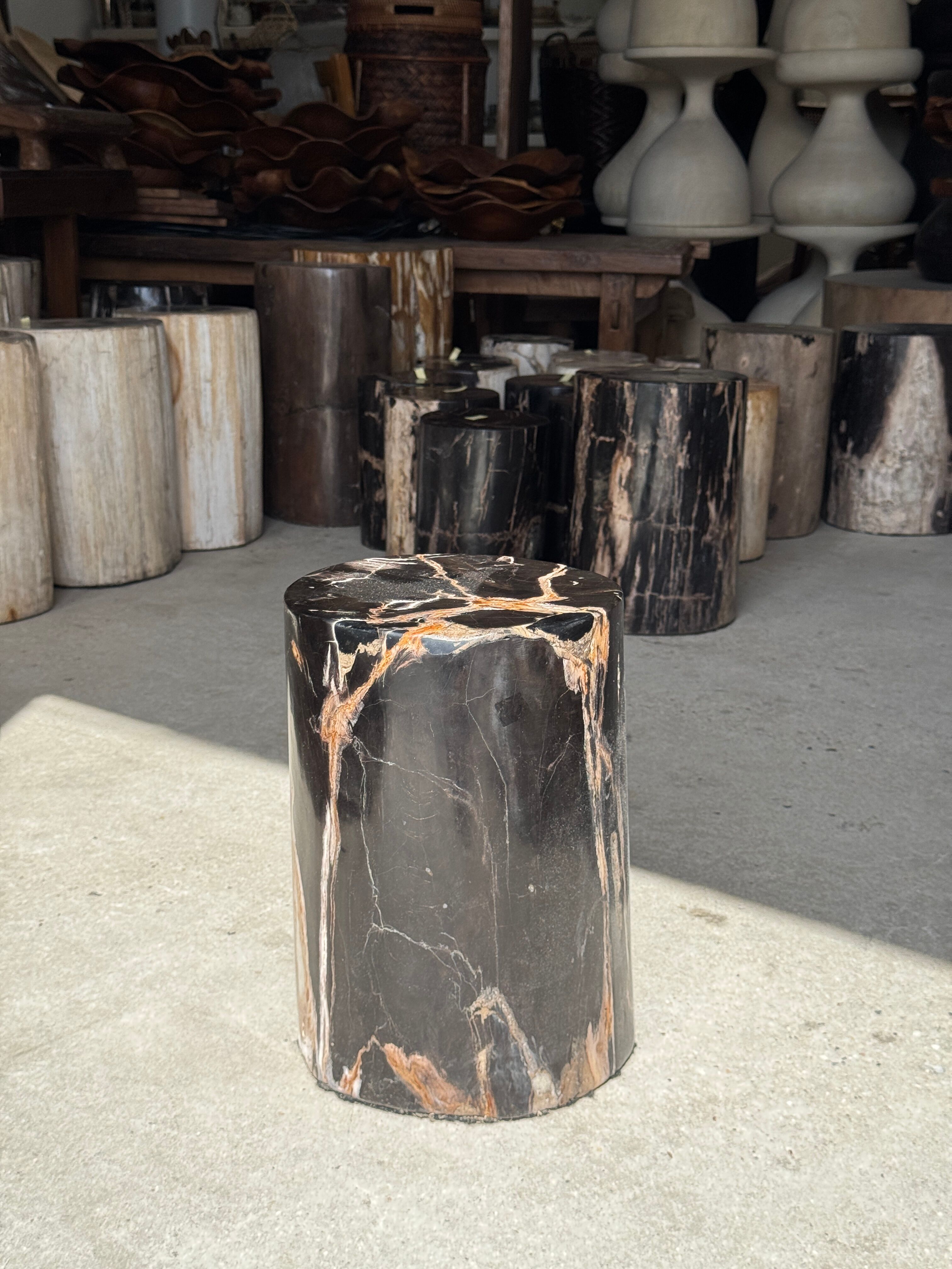 Black petrified wood side table with beige stripes, star pattern H35 D24.