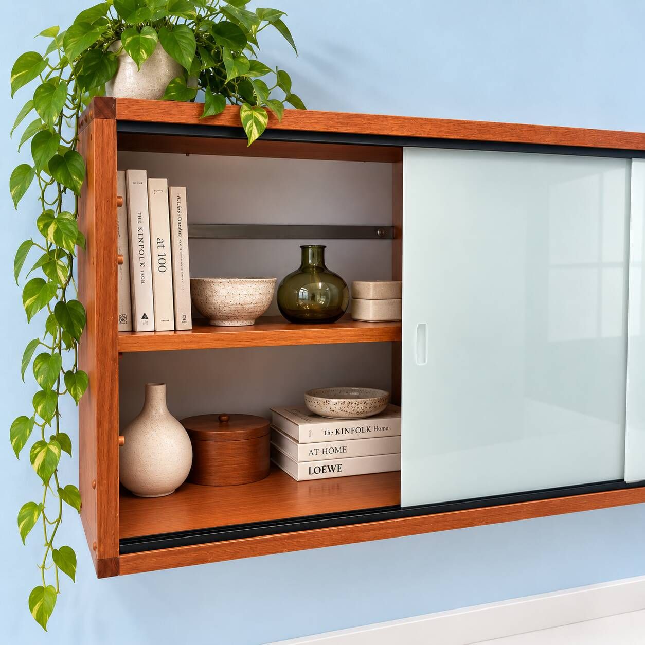 A.R.P. – Wall-mounted furniture in teak and opaline glass, 1950s