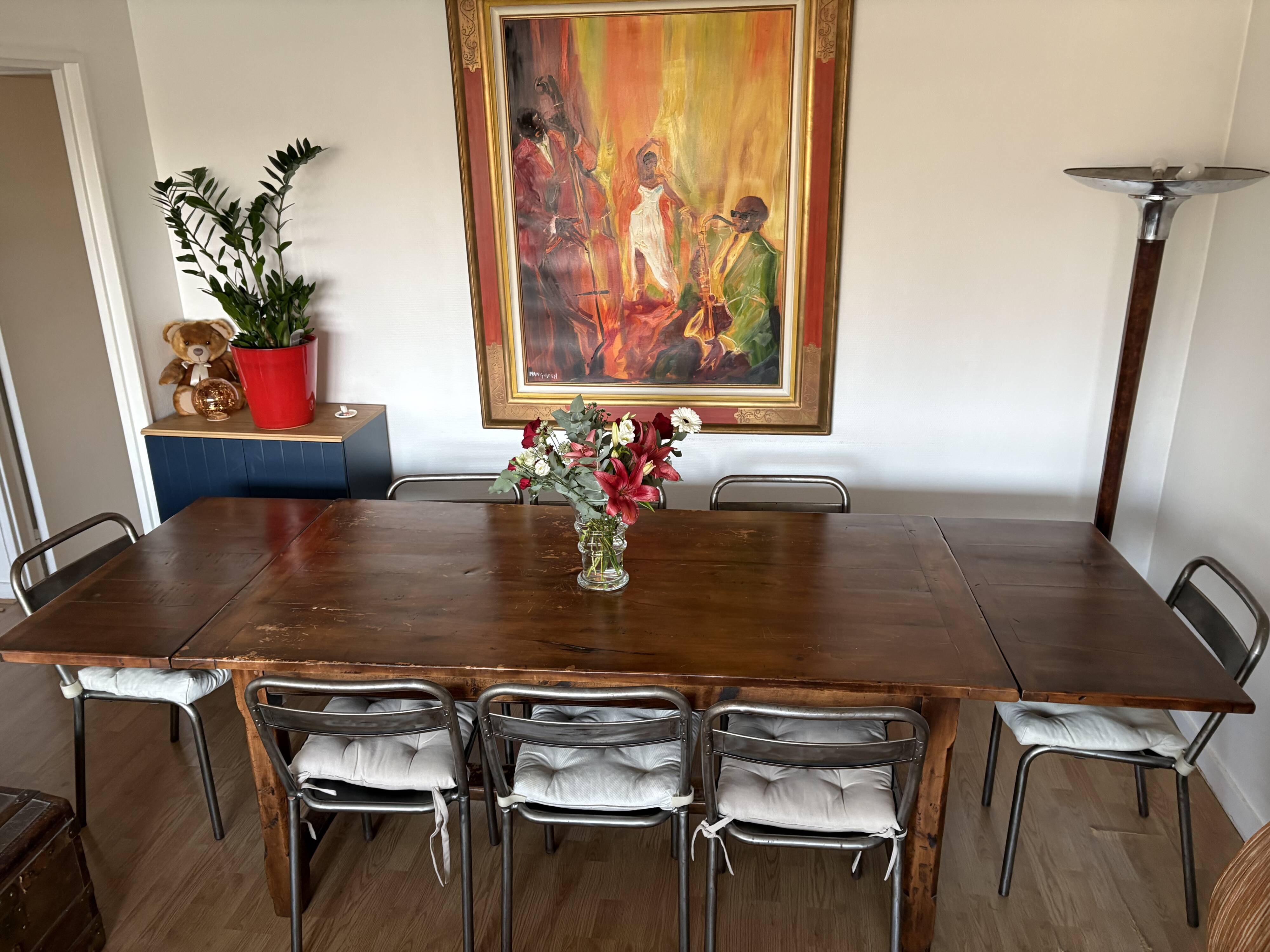 Solid cherry farmhouse table + 8 metal chairs - 2 extensions