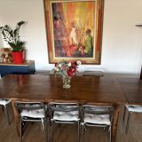 Solid cherry farmhouse table + 8 metal chairs - 2 extensions