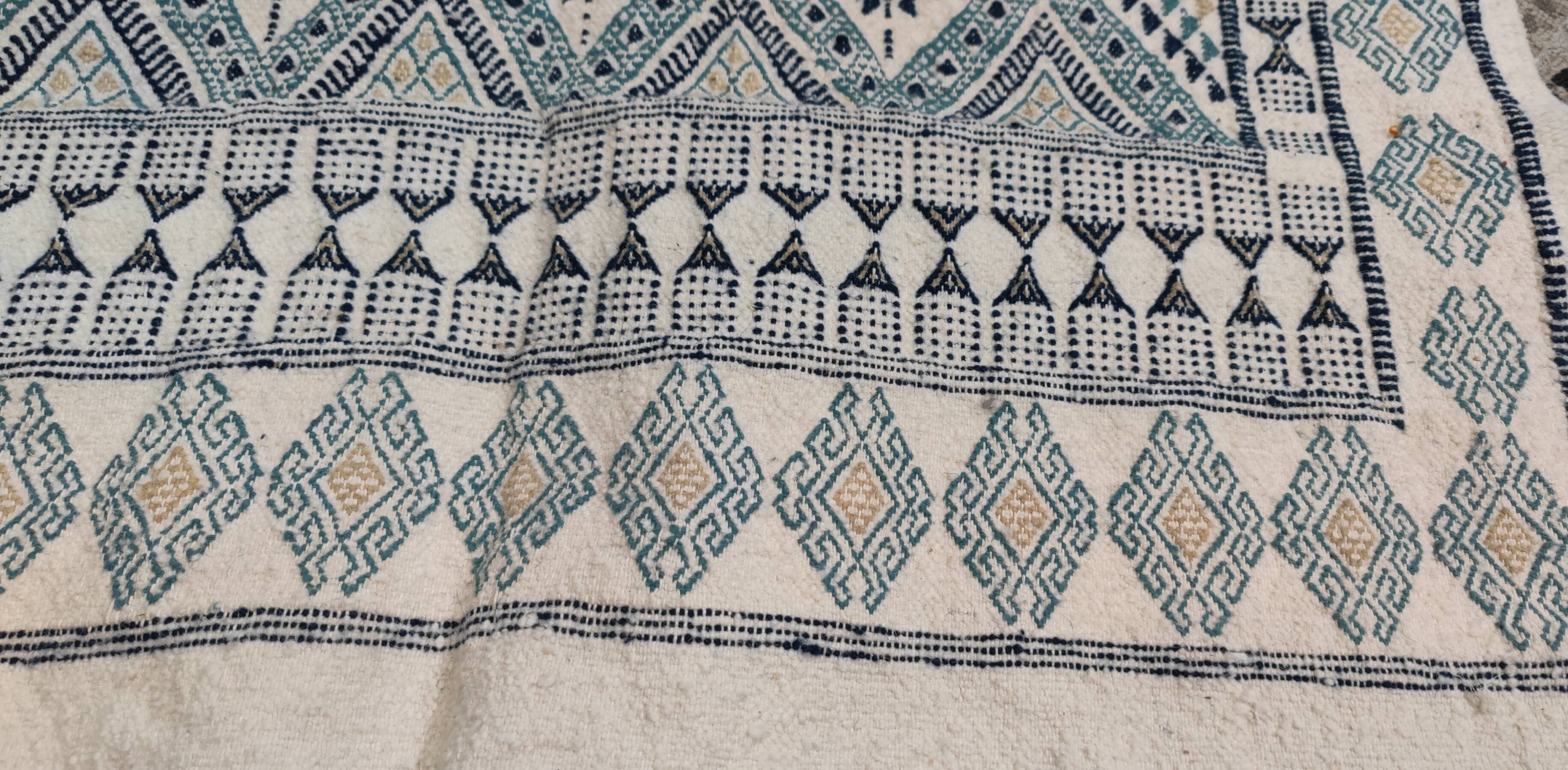 Handmade white blue and beige margoum rug