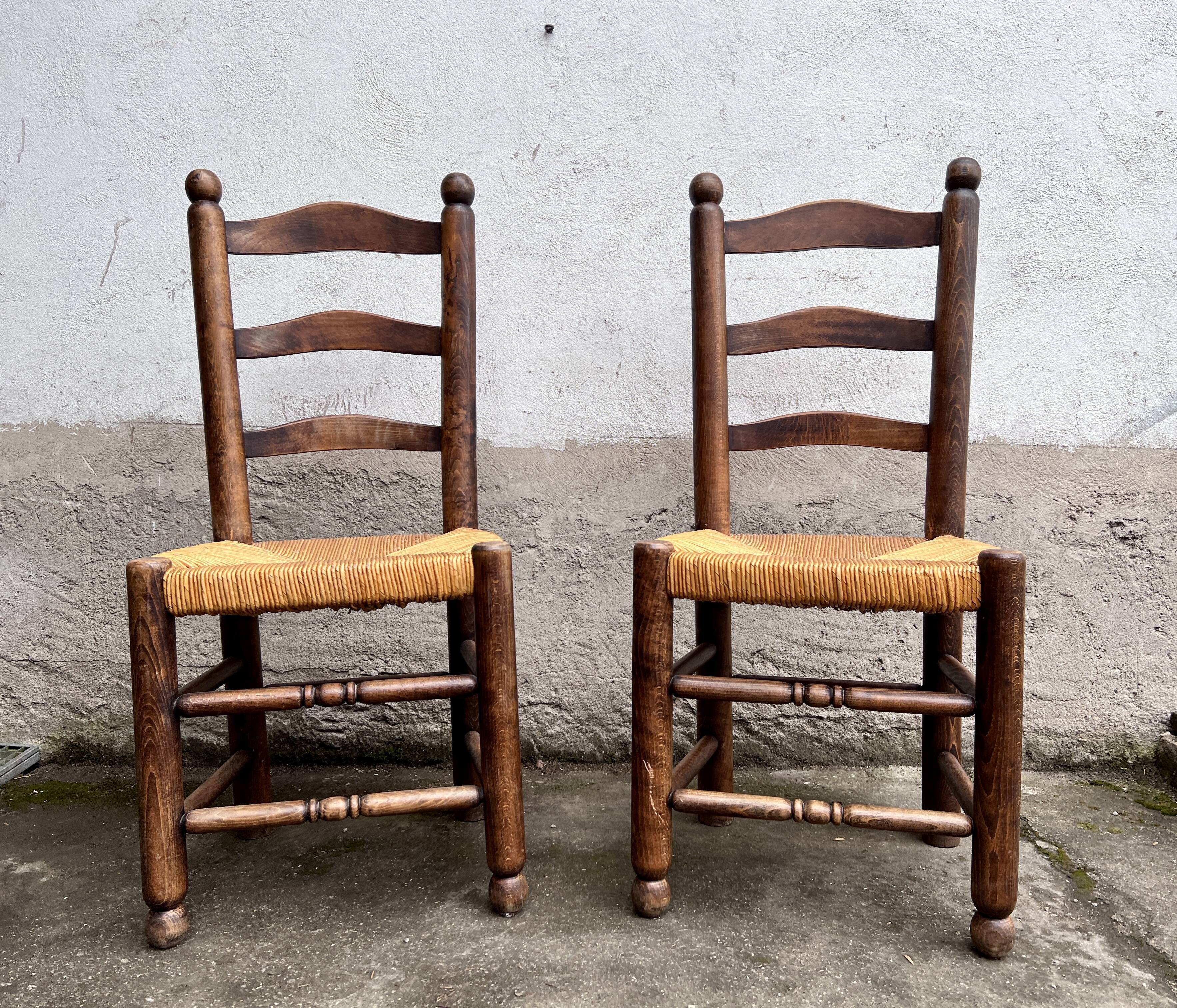 Pair of vintage Brutalist chairs made of wood and straw
