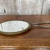 Ancien miroir verre biseauté face a main laiton + manches metal vintage