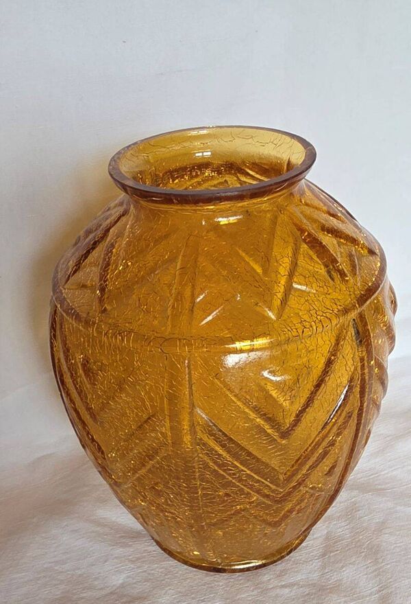 Vase Art Déco En Cristal Craquelé Couleur Ambre