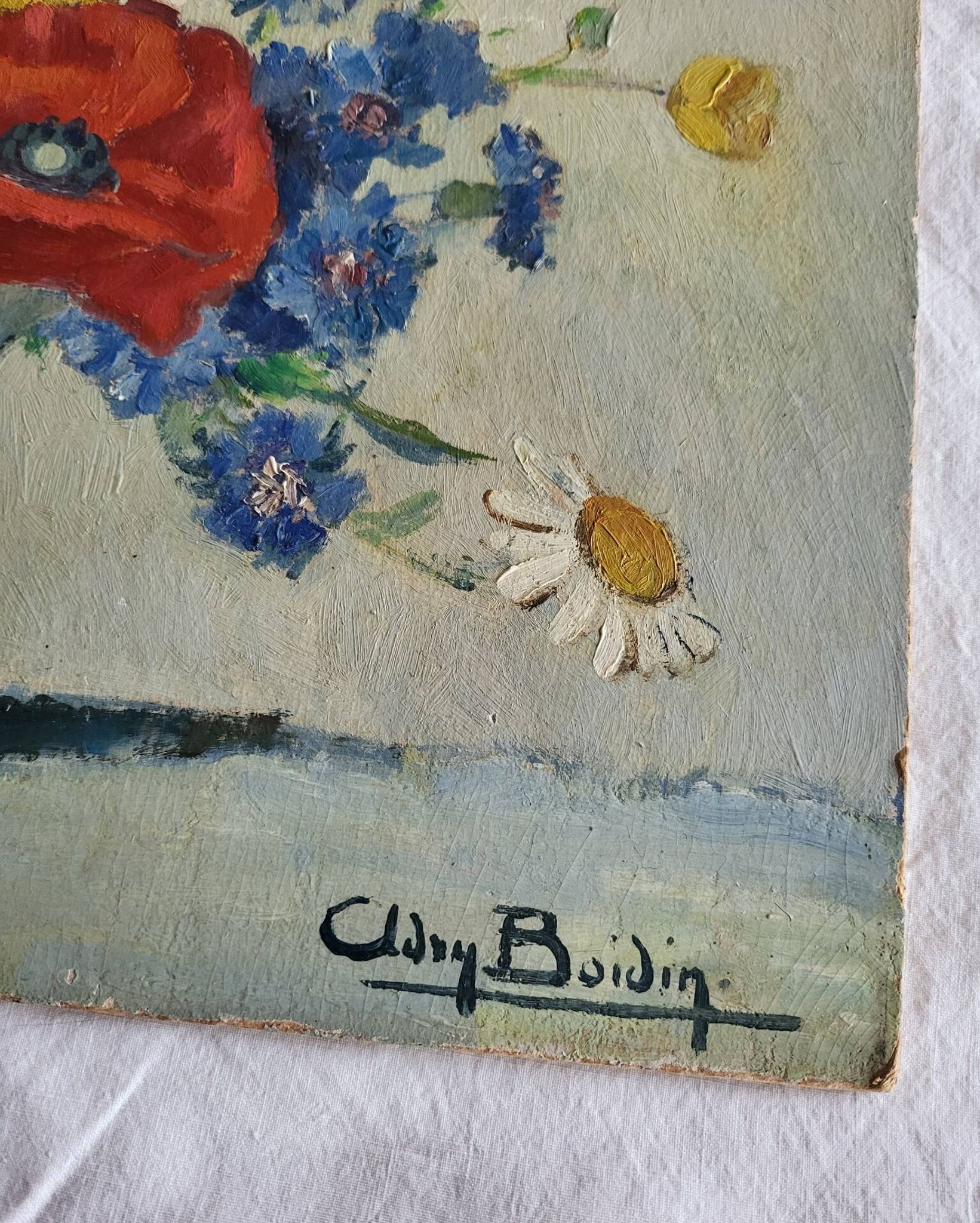 Adry BOIDIN Huile sur panneau Bouquet de fleurs Coquelicots XXe