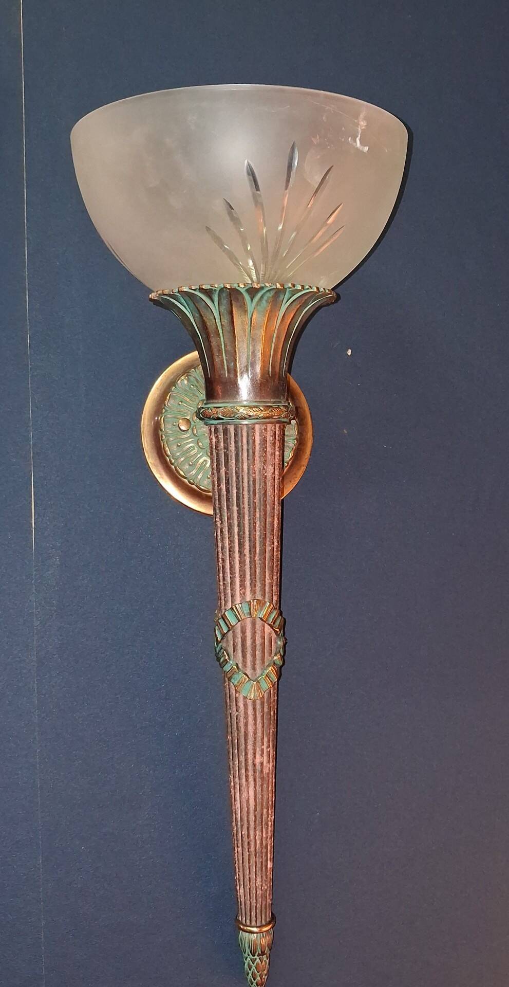 Pair of antique-style wall sconces in patinated bronze and frosted glass – early 20th century