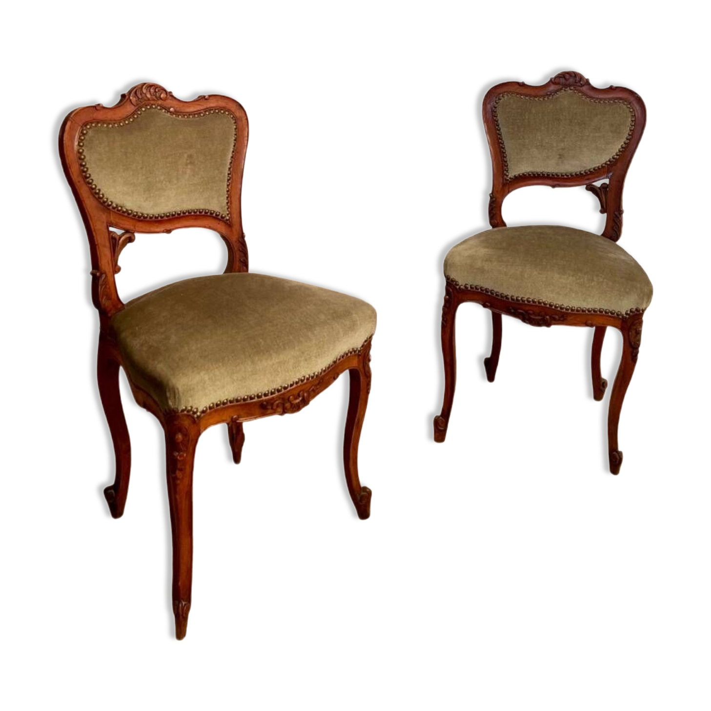 Lot 2 old Louis XV style carved solid walnut chairs late 19th century