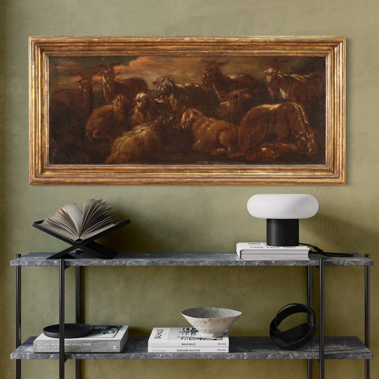 Peinture ancienne paysage avec des chèvres du XVIIe siècle