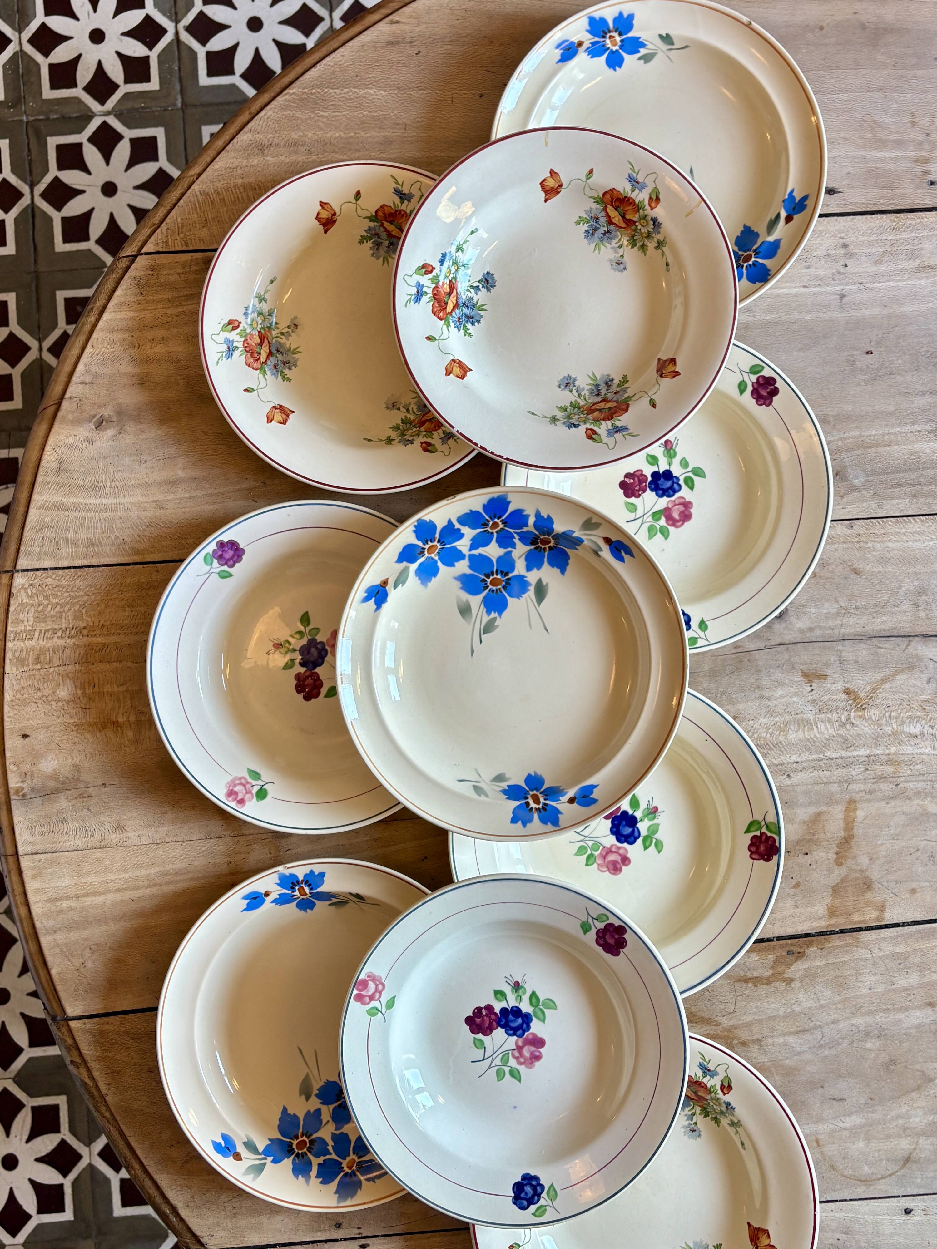 Set of 10 mismatched vintage soup plates