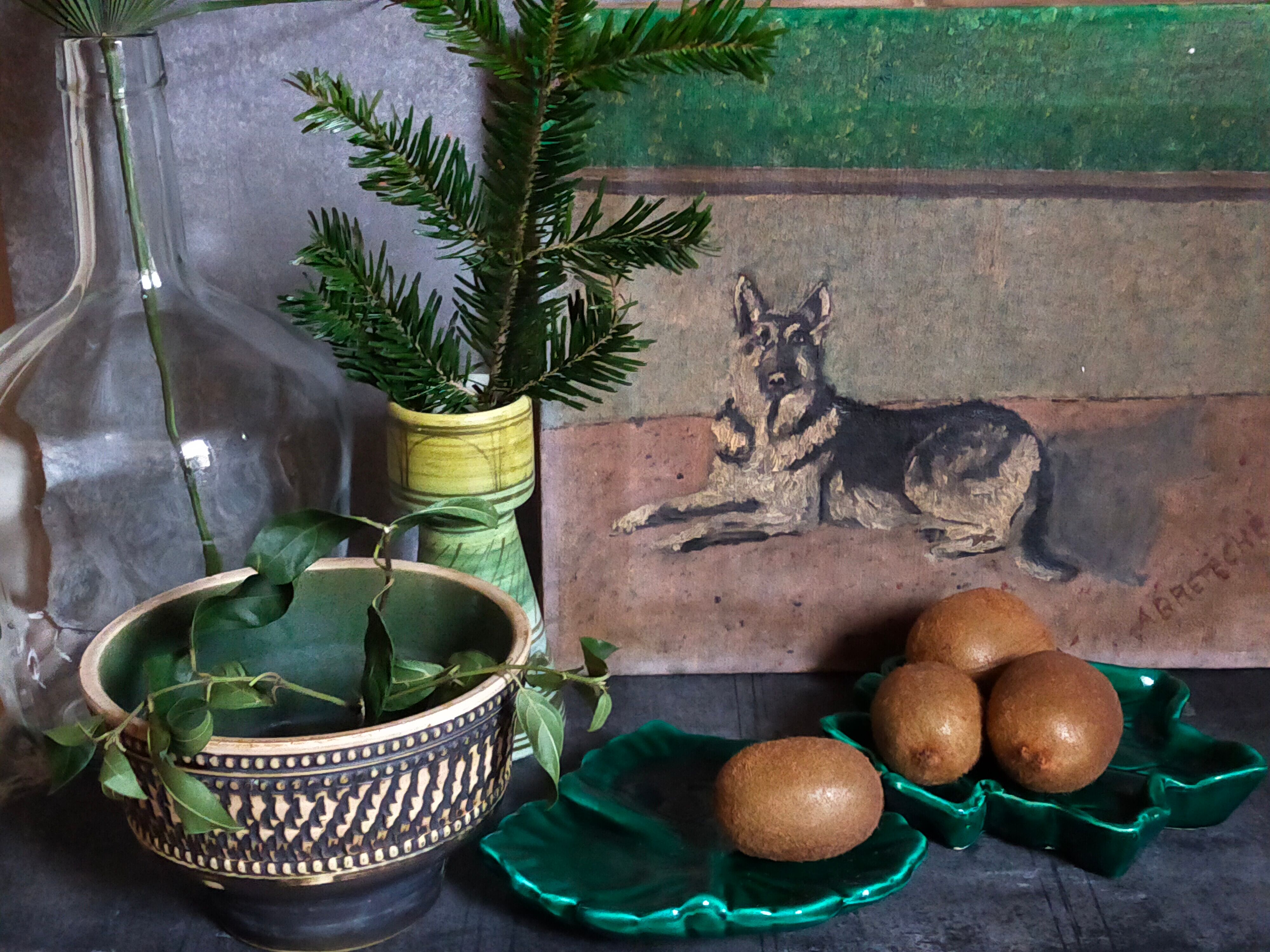 Duo of leaf cups in green slurry from Vintage Vallauris