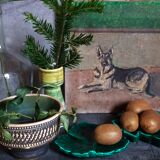 Duo of leaf cups in green slurry from Vintage Vallauris