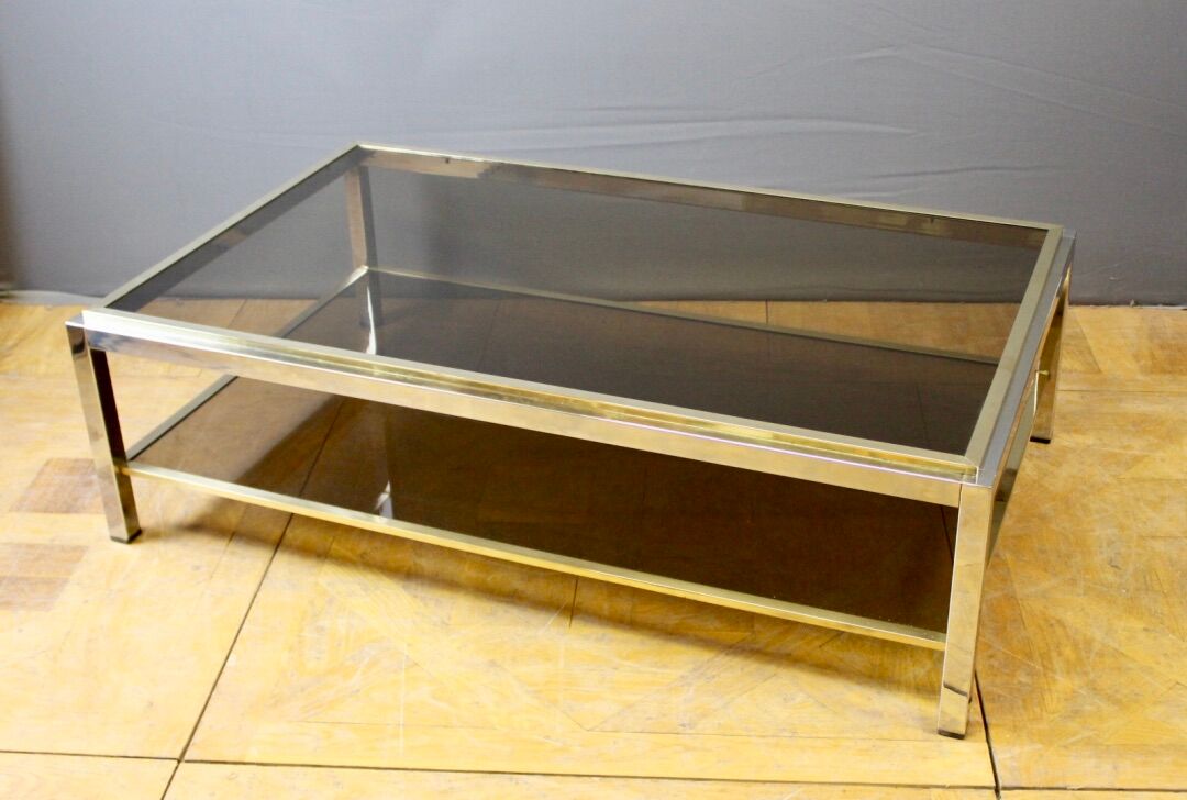 Table basse à double plateaux en chrome et doré vers 1970