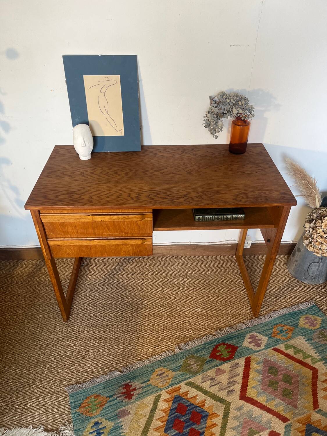 Vintage desk sled legs oak veneer
