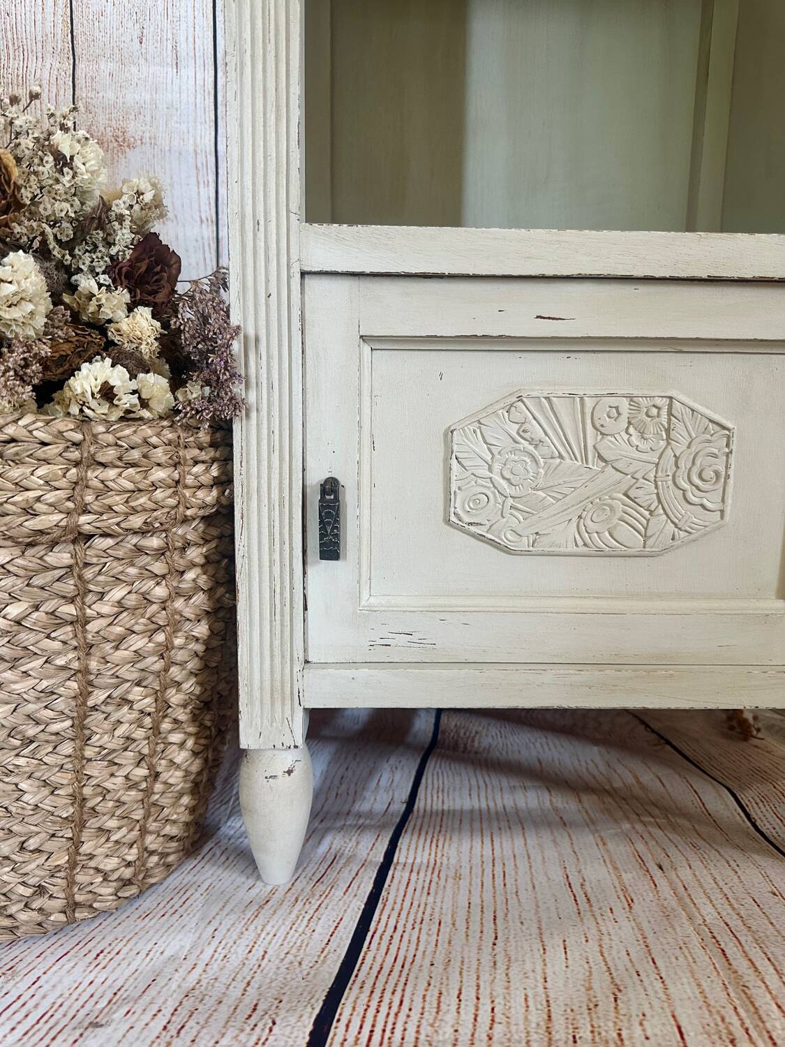 White patinated bedside table with a marble top