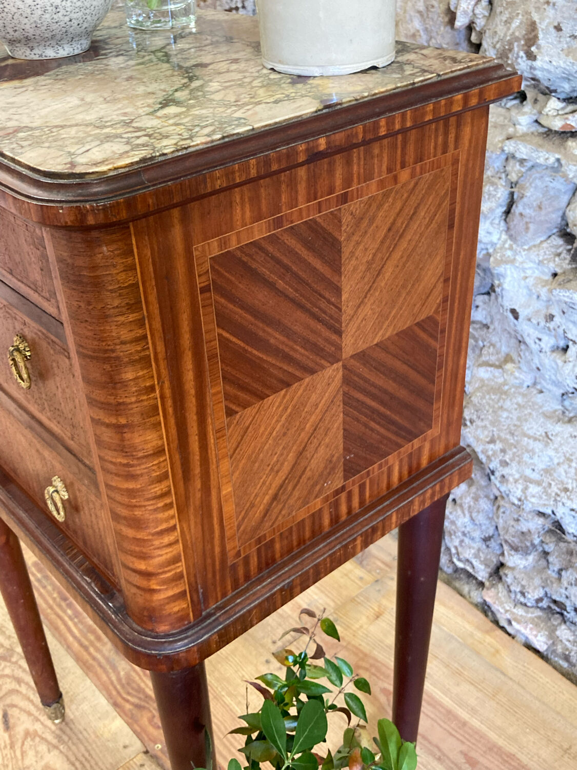 Louis XVI bedside in antique exotic wood marquetry / or harness