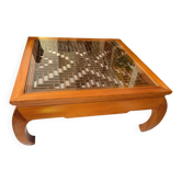 Grande table basse chinoise / asiatique en bois – décor de claustra sous ve