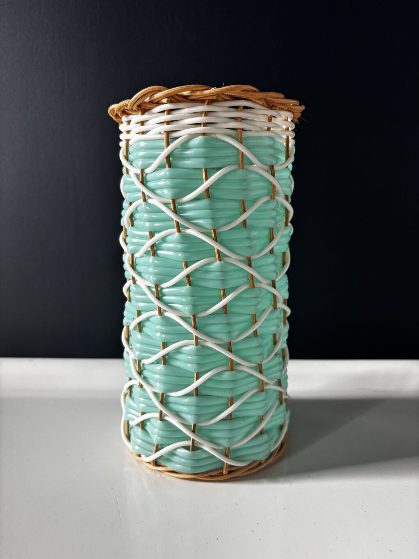 Vintage celadon green scoubidou vase with rattan — 1960s-70s