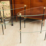 2 small side tables in glass and Bakelite with gold nuts from the 1960s.