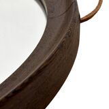 Miroir rond vintage scandinave en bois de wengé avec bracelet en cuir, design années 60