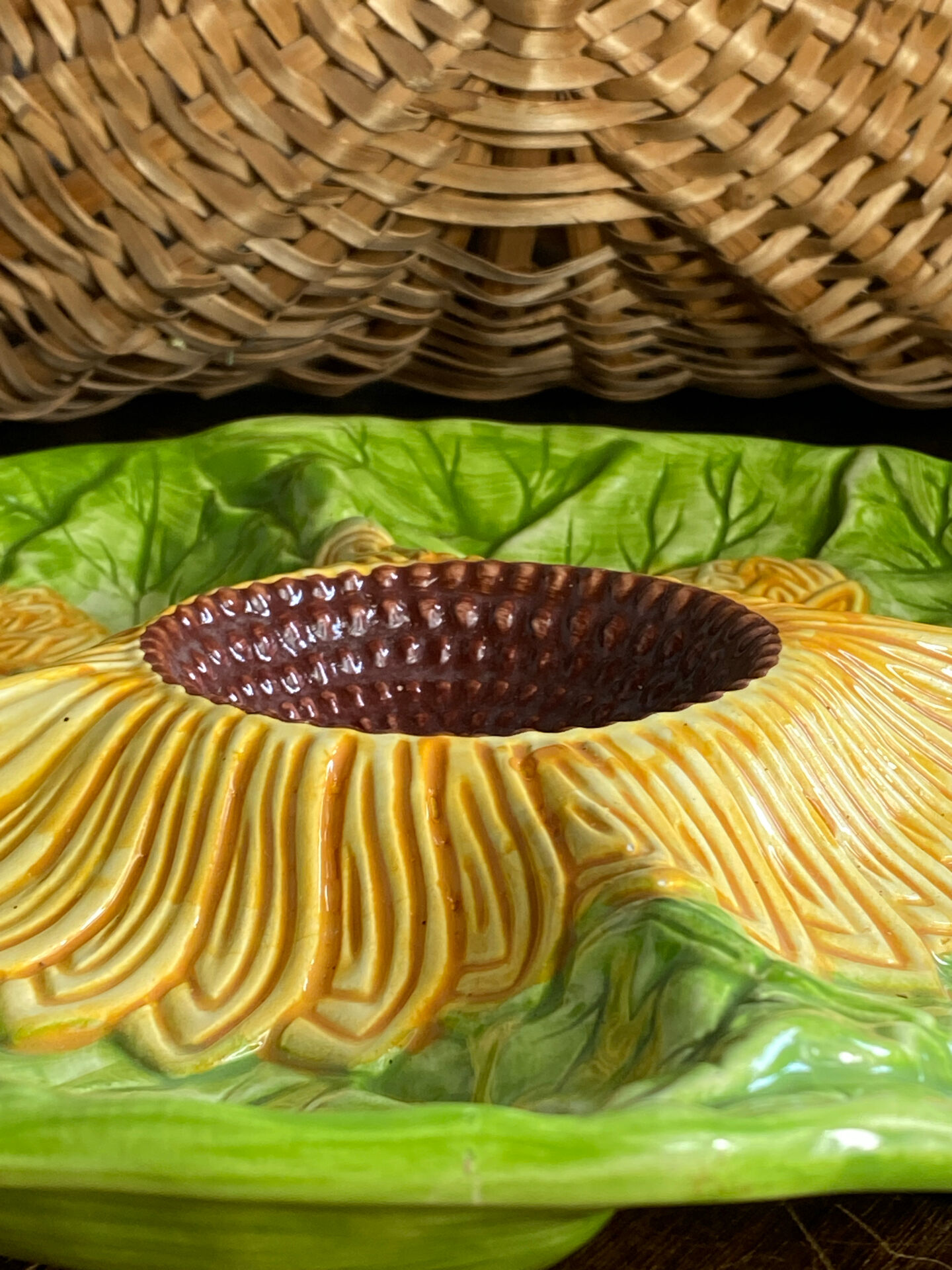 Divided plate, sunflower in slipware