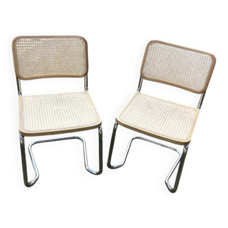 Paire de chaises cantilever chromées vintage avec assise en rotin, années 1970